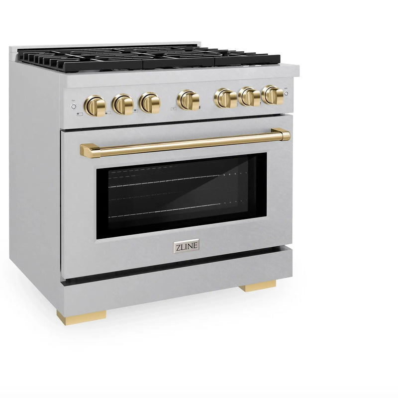 ZLINE 36"Paramount Dual Fuel Range DuraSnow® Gold SDRSZ-36-G by Farmhouse Kitchen and Bath