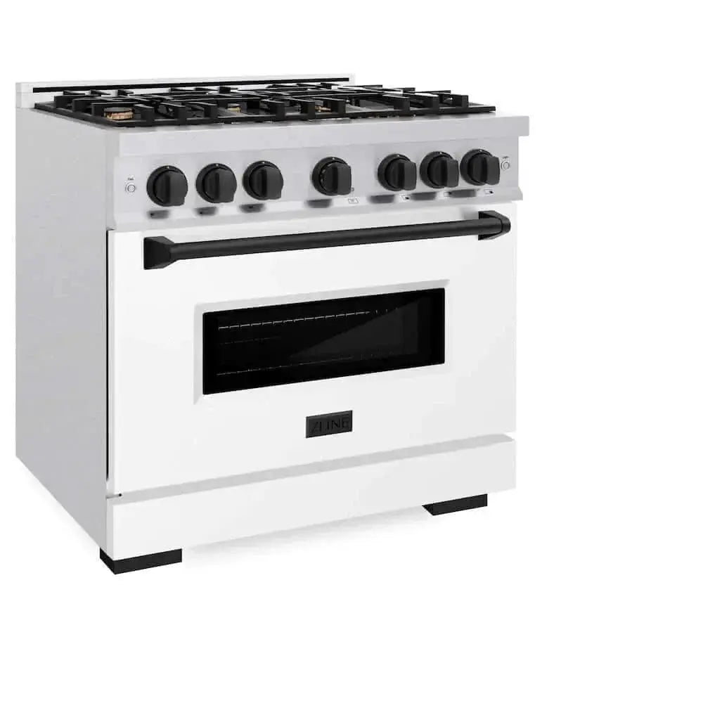 ZLINE 36"Classic Gas Range, Convection Gas Oven, DuraSnow® Stainless Steel, White Matte Door Matte Black CGRSZ-WM-36-MB by Farmhouse Kitchen and Bath