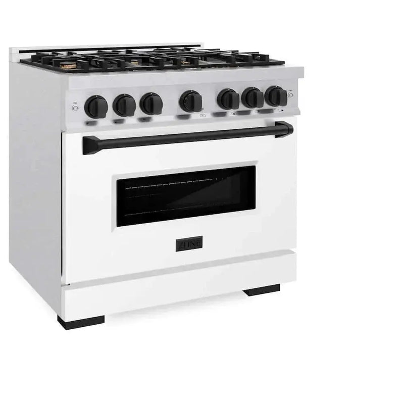ZLINE 36"Classic Gas Range, Convection Gas Oven, DuraSnow® Stainless Steel, White Matte Door Matte Black CGRSZ-WM-36-MB by Farmhouse Kitchen and Bath