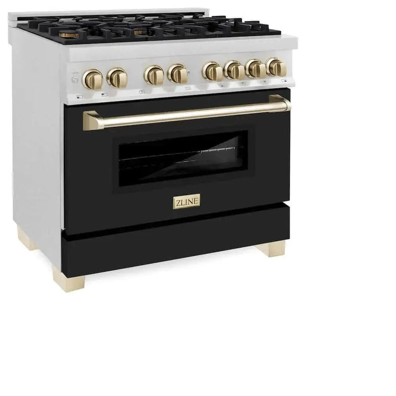 ZLINE 36" Autograph, Dual Fuel Range, Black Door, Gold, RASZ-BLM-36-G by Farmhouse Kitchen and Bath