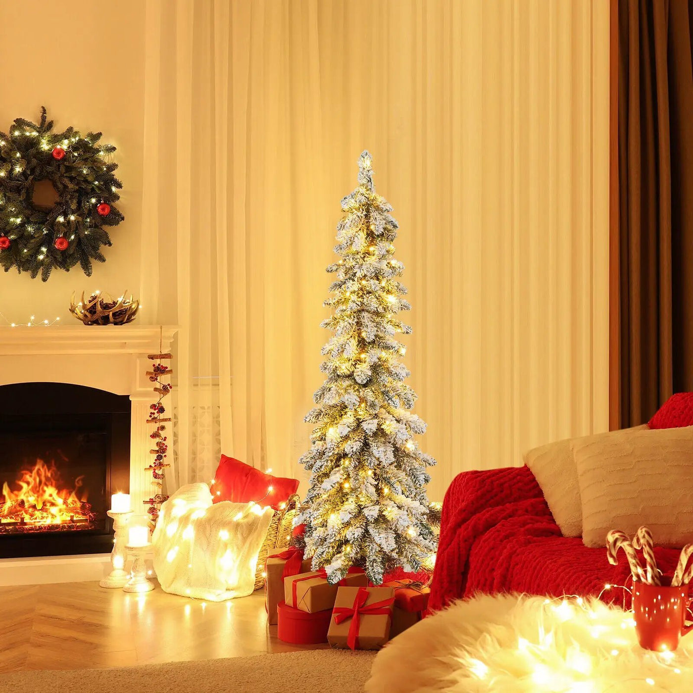 4/5/6 Feet Pre-Lit Artificial Christmas Tree Snow-Flocked Slim Pencil Xmas Decor-5 ft by DirectDeals