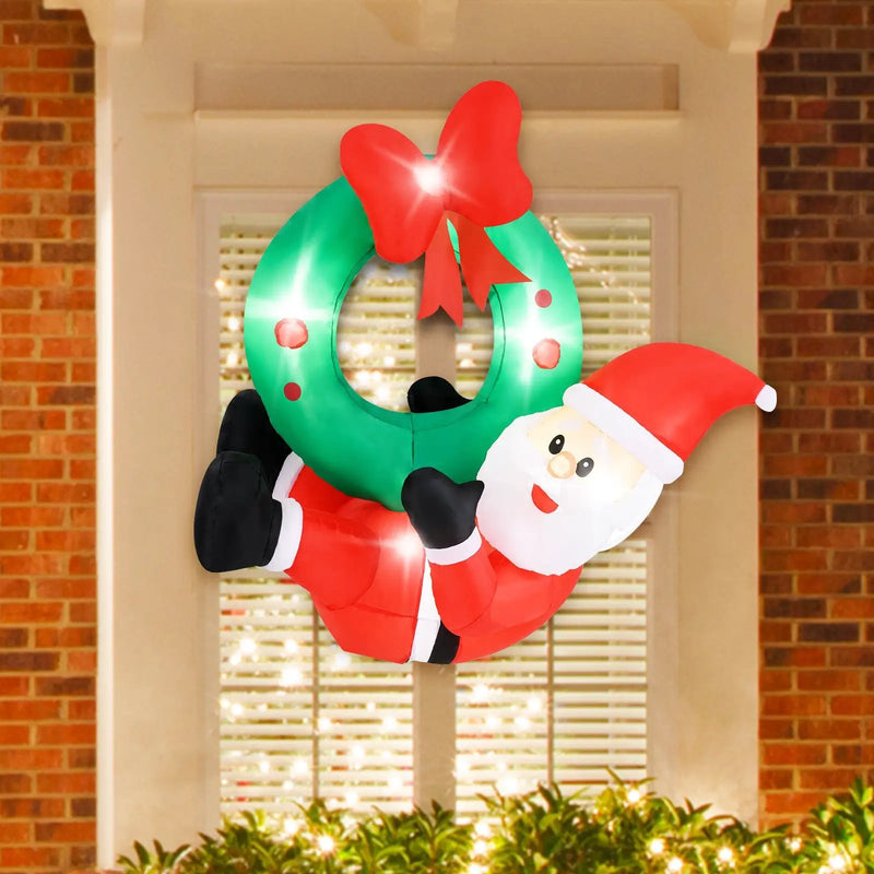 4 ft Inflatable Santa Claus Wreath with Red Bow and 5 LED Lights by DirectDeals
