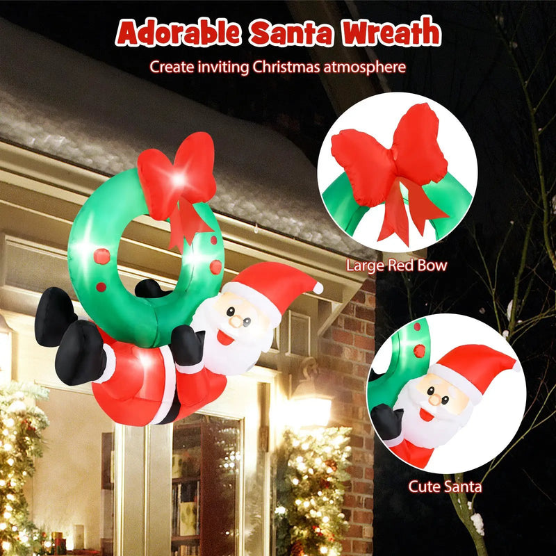 4 ft Inflatable Santa Claus Wreath with Red Bow and 5 LED Lights by DirectDeals