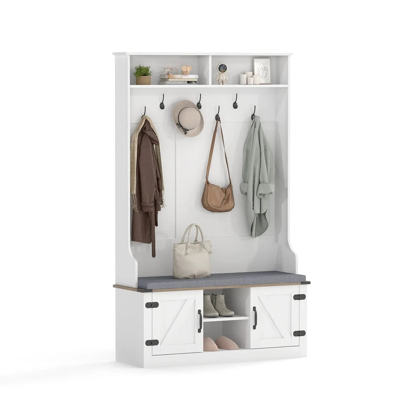 4-in-1 68.5 Inch Tall Coat Rack with Cushioned Bench and Shoe Storage-White by DirectDeals