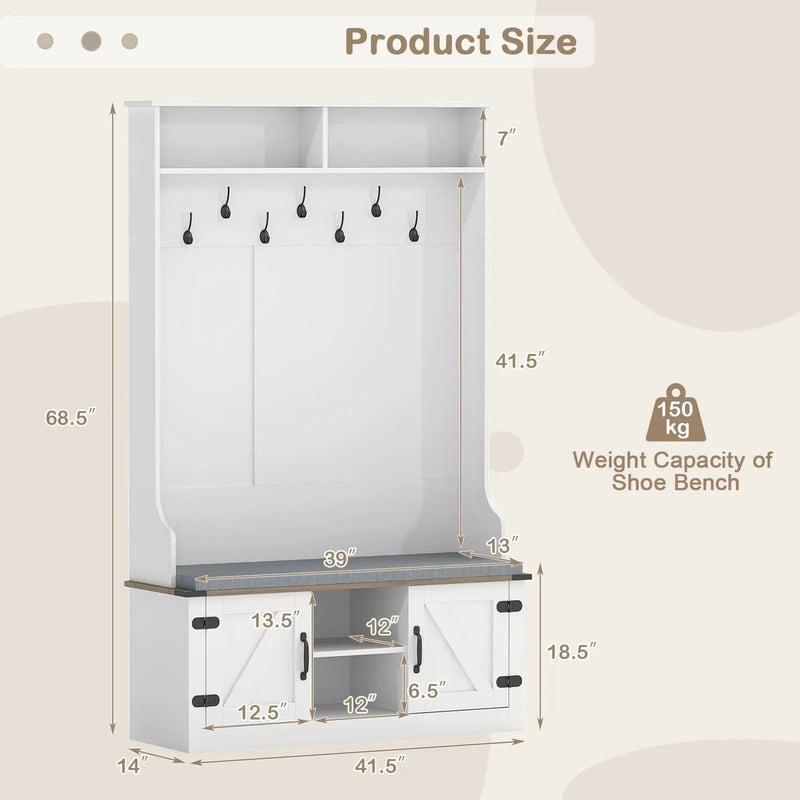 4-in-1 68.5 Inch Tall Coat Rack with Cushioned Bench and Shoe Storage-White by DirectDeals