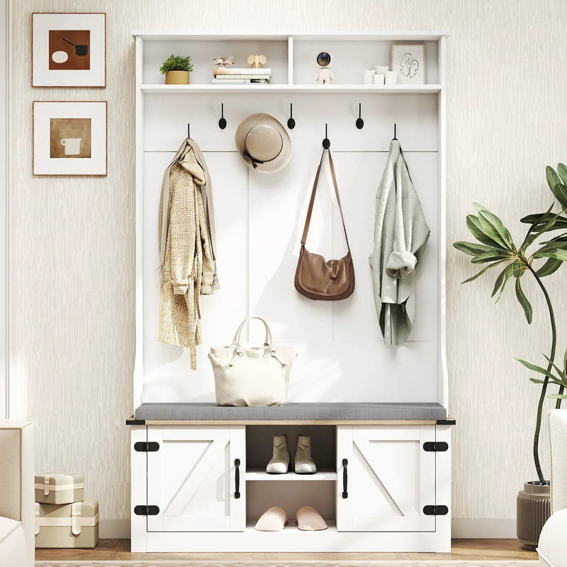 4-in-1 68.5 Inch Tall Coat Rack with Cushioned Bench and Shoe Storage-White by DirectDeals