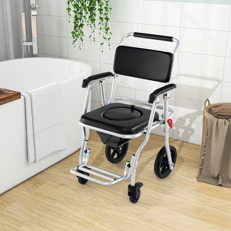 4-in-1 Foldable Bedside Commode Chair with Brakes and Bucket and Footrest by DirectDeals