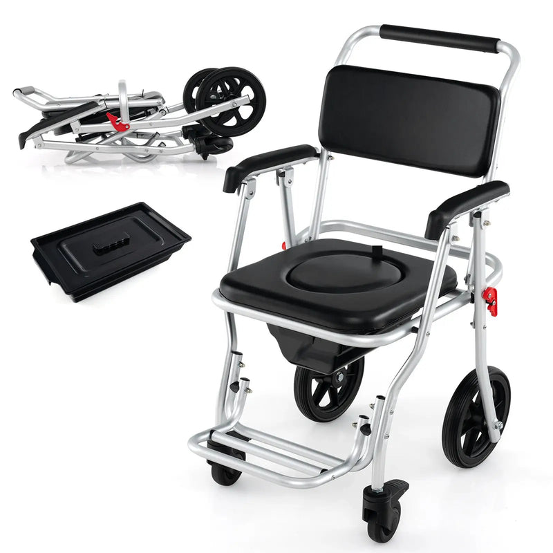 4-in-1 Foldable Bedside Commode Chair with Brakes and Bucket and Footrest by DirectDeals