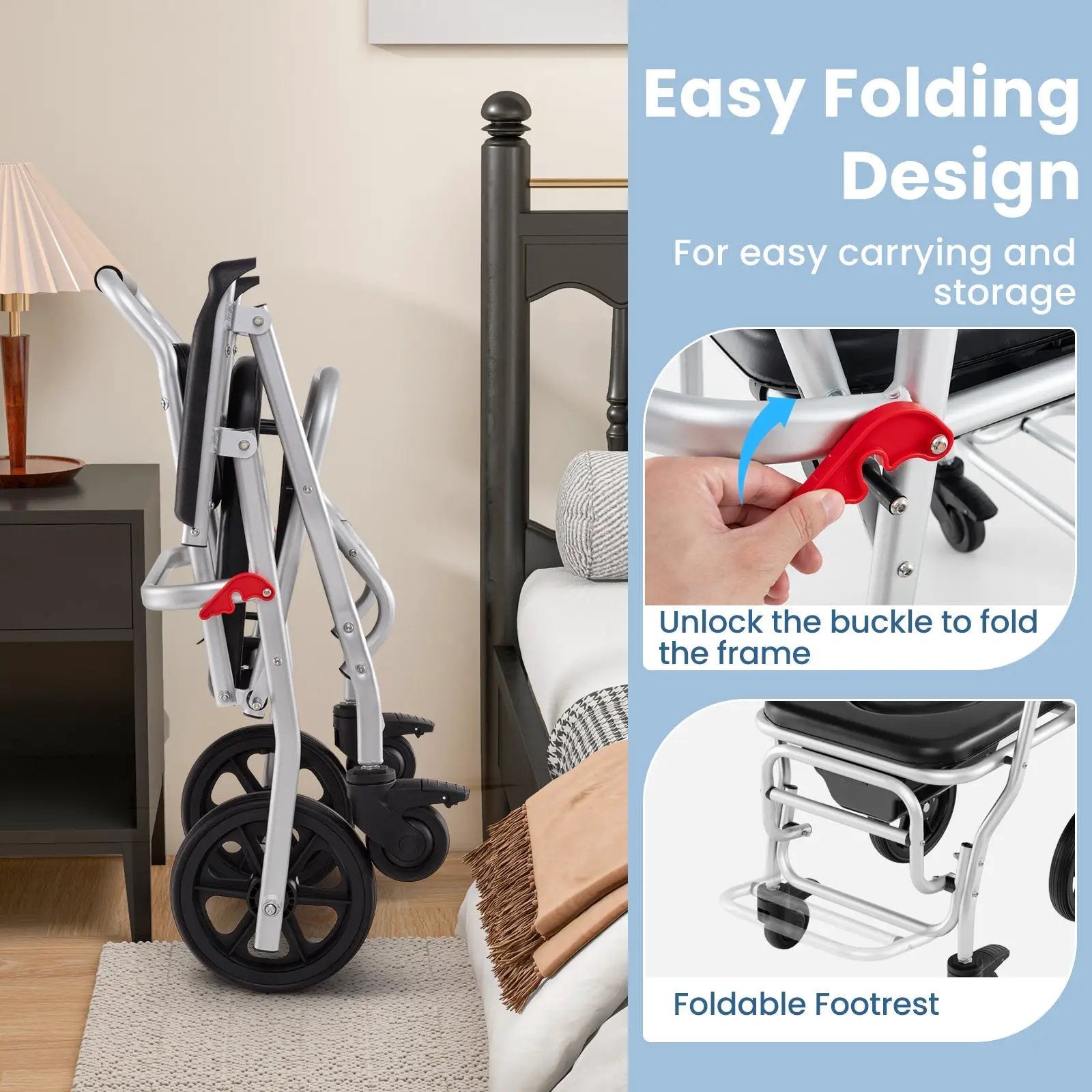 4-in-1 Foldable Bedside Commode Chair with Brakes and Bucket and Footrest by DirectDeals