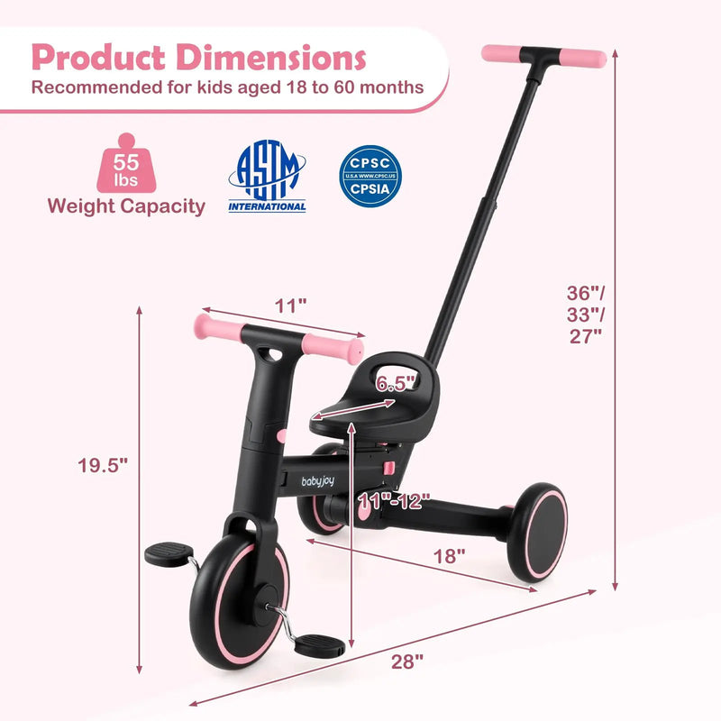 4-in-1 Foldable Toddler Tricycle with Push Handle with Adjustable Seat by DirectDeals