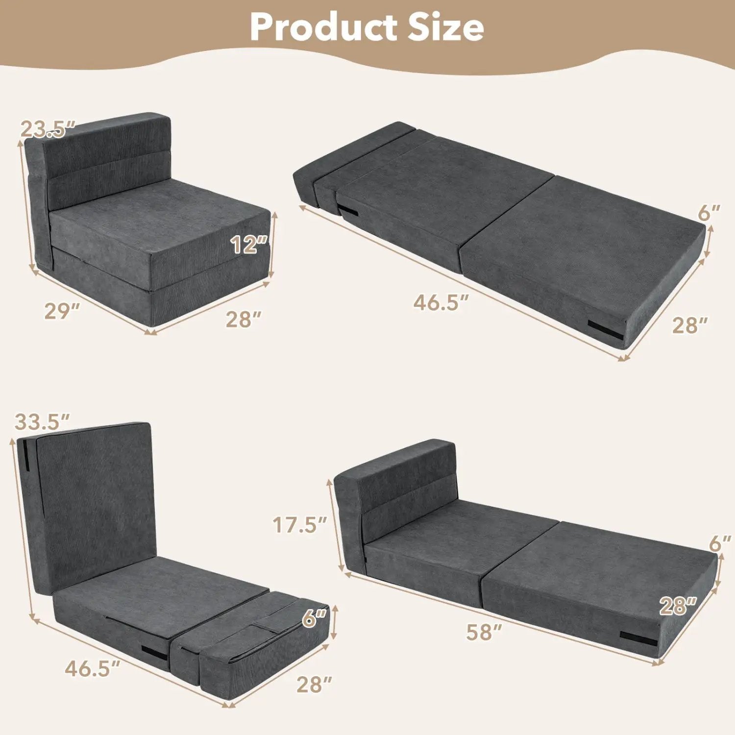 4-in-1 Folding Sofa Bed with Corduroy Cover and Smooth Zipper for Living Room by DirectDeals