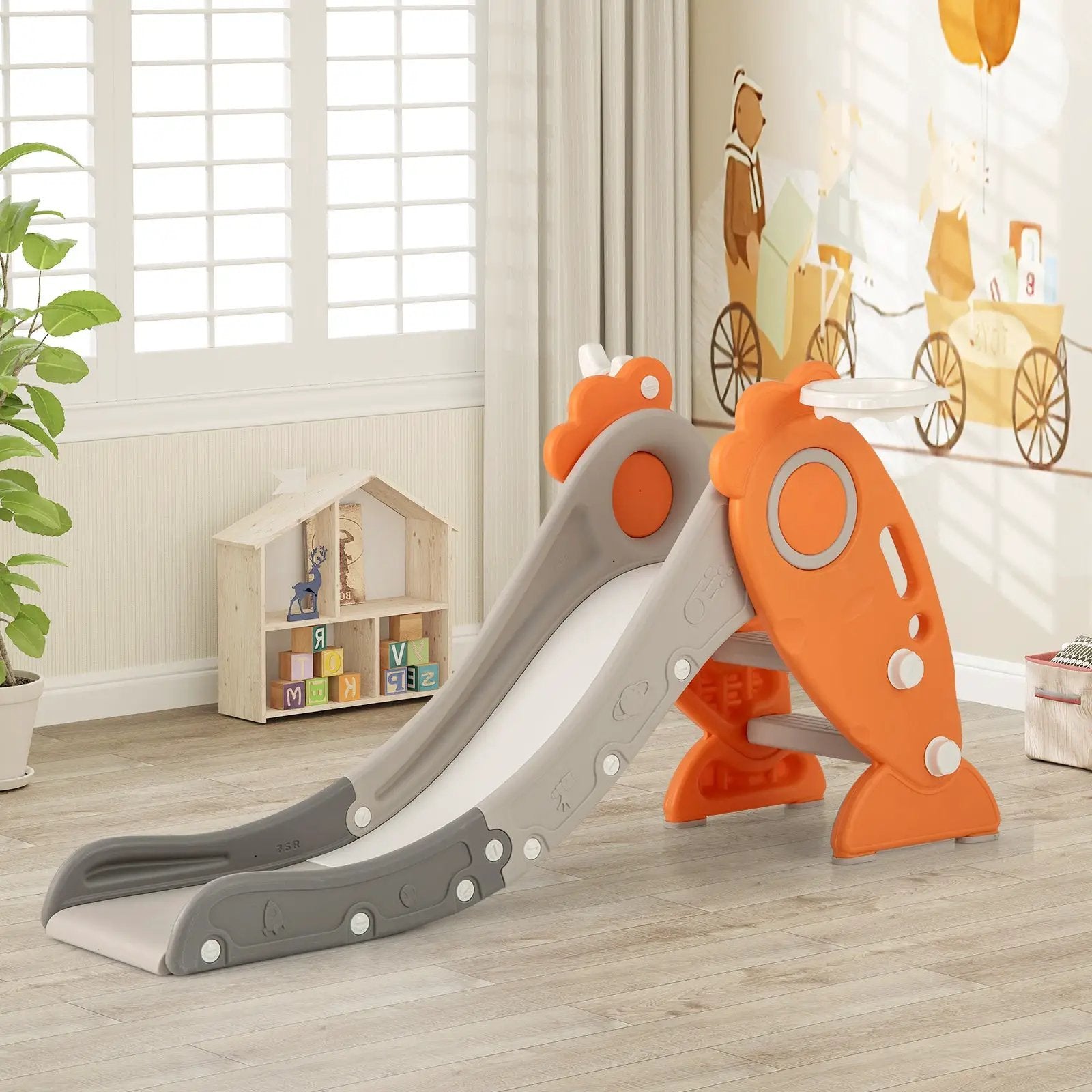 4 in 1 Indoor Slide for Kids Age 3+ Years with Basketball Hoop and Rings-Orange by DirectDeals