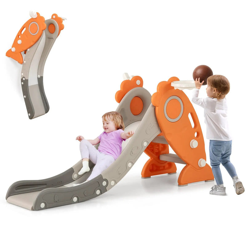 4 in 1 Indoor Slide for Kids Age 3+ Years with Basketball Hoop and Rings-Orange by DirectDeals