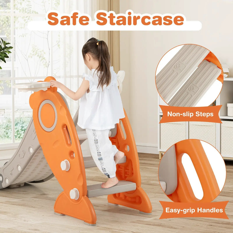 4 in 1 Indoor Slide for Kids Age 3+ Years with Basketball Hoop and Rings-Orange by DirectDeals