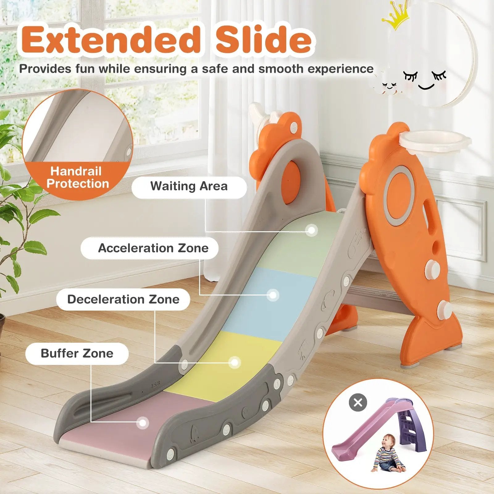 4 in 1 Indoor Slide for Kids Age 3+ Years with Basketball Hoop and Rings-Orange by DirectDeals