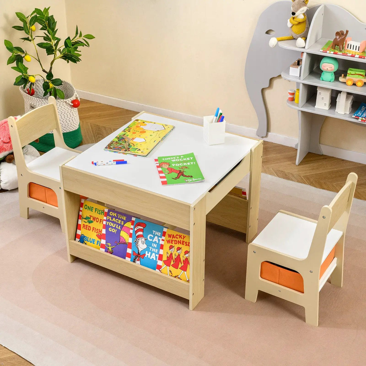 4 in 1 Kids Table and Chair Set with Reversible Graffiti and Building Blocks Tabletop by DirectDeals