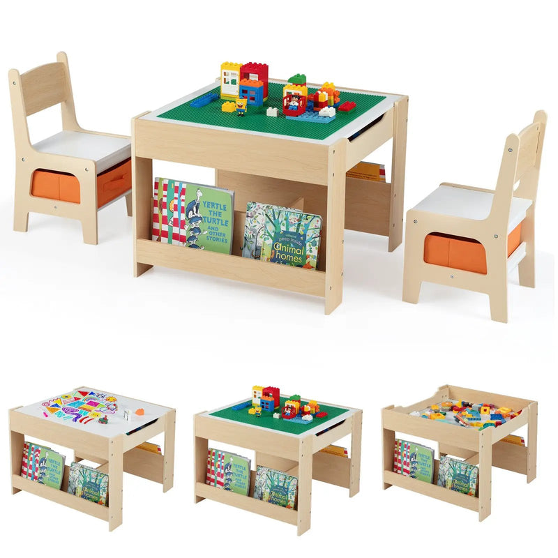 4 in 1 Kids Table and Chair Set with Reversible Graffiti and Building Blocks Tabletop by DirectDeals