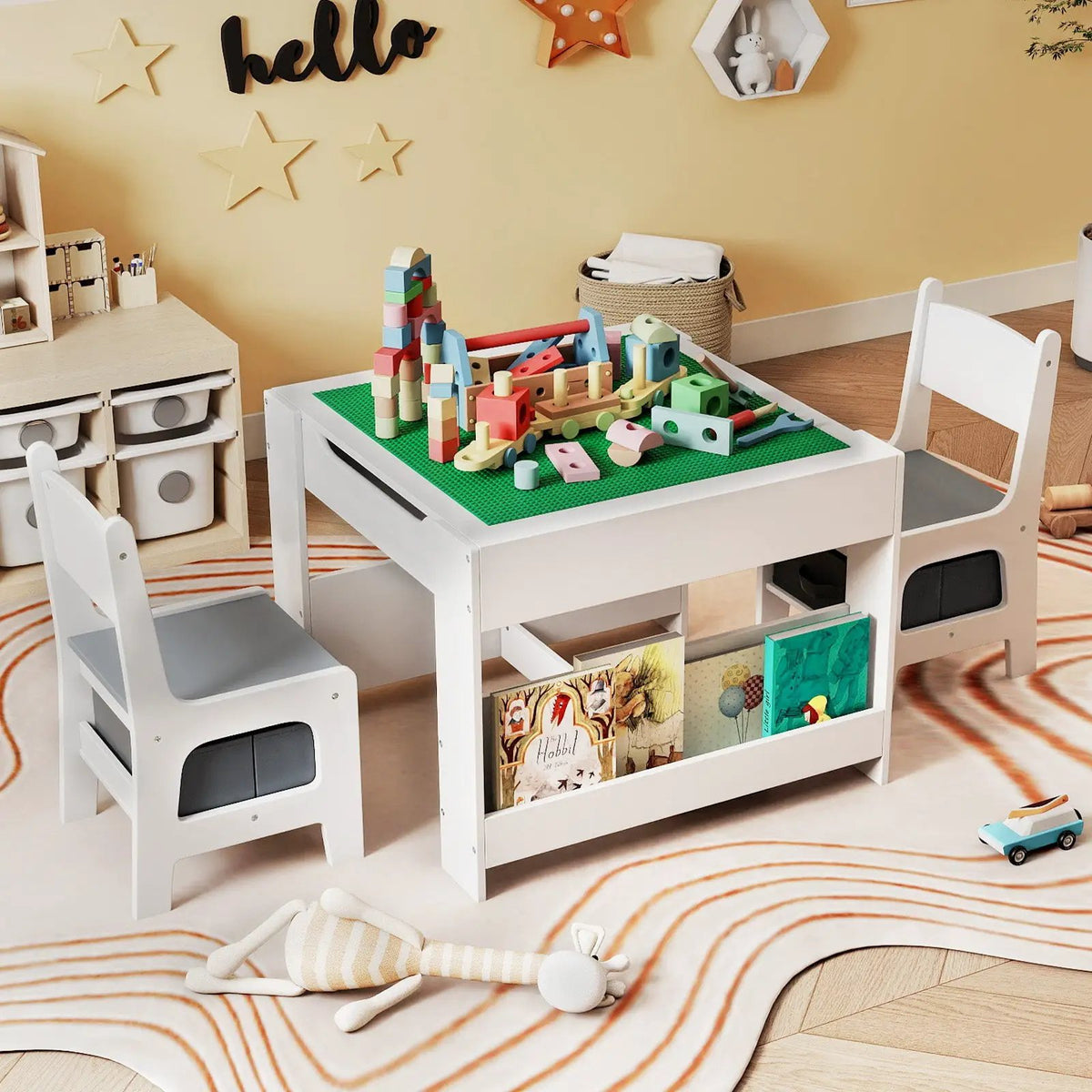 4 in 1 Kids Table and Chair Set with Reversible Graffiti and Building Blocks Tabletop by DirectDeals