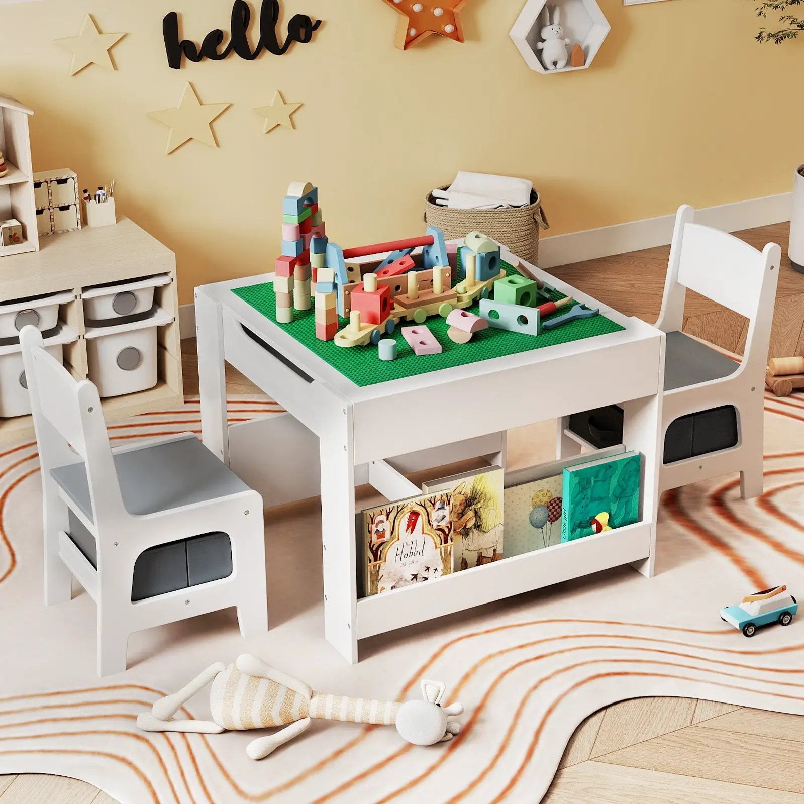 4 in 1 Kids Table and Chair Set with Reversible Graffiti and Building Blocks Tabletop by DirectDeals