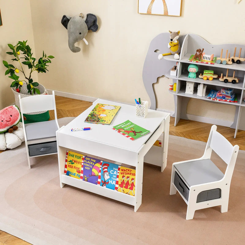 4 in 1 Kids Table and Chair Set with Reversible Graffiti and Building Blocks Tabletop by DirectDeals