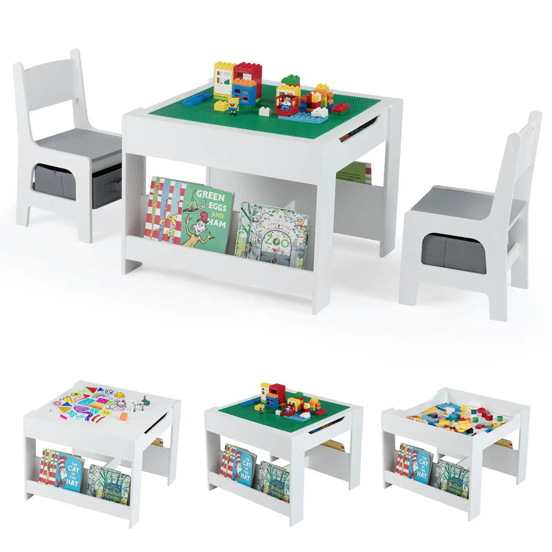 4 in 1 Kids Table and Chair Set with Reversible Graffiti and Building Blocks Tabletop by DirectDeals