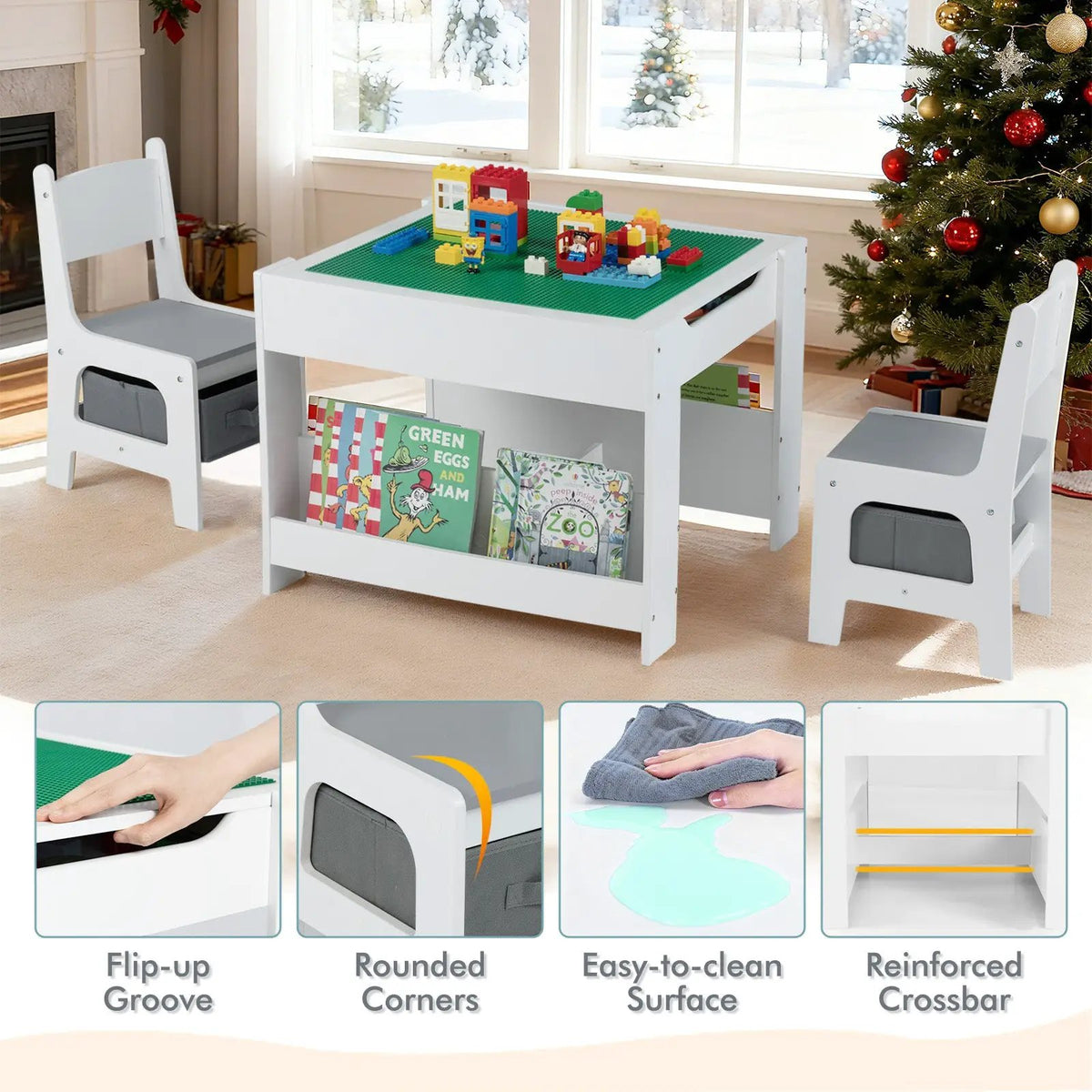 4 in 1 Kids Table and Chair Set with Reversible Graffiti and Building Blocks Tabletop by DirectDeals