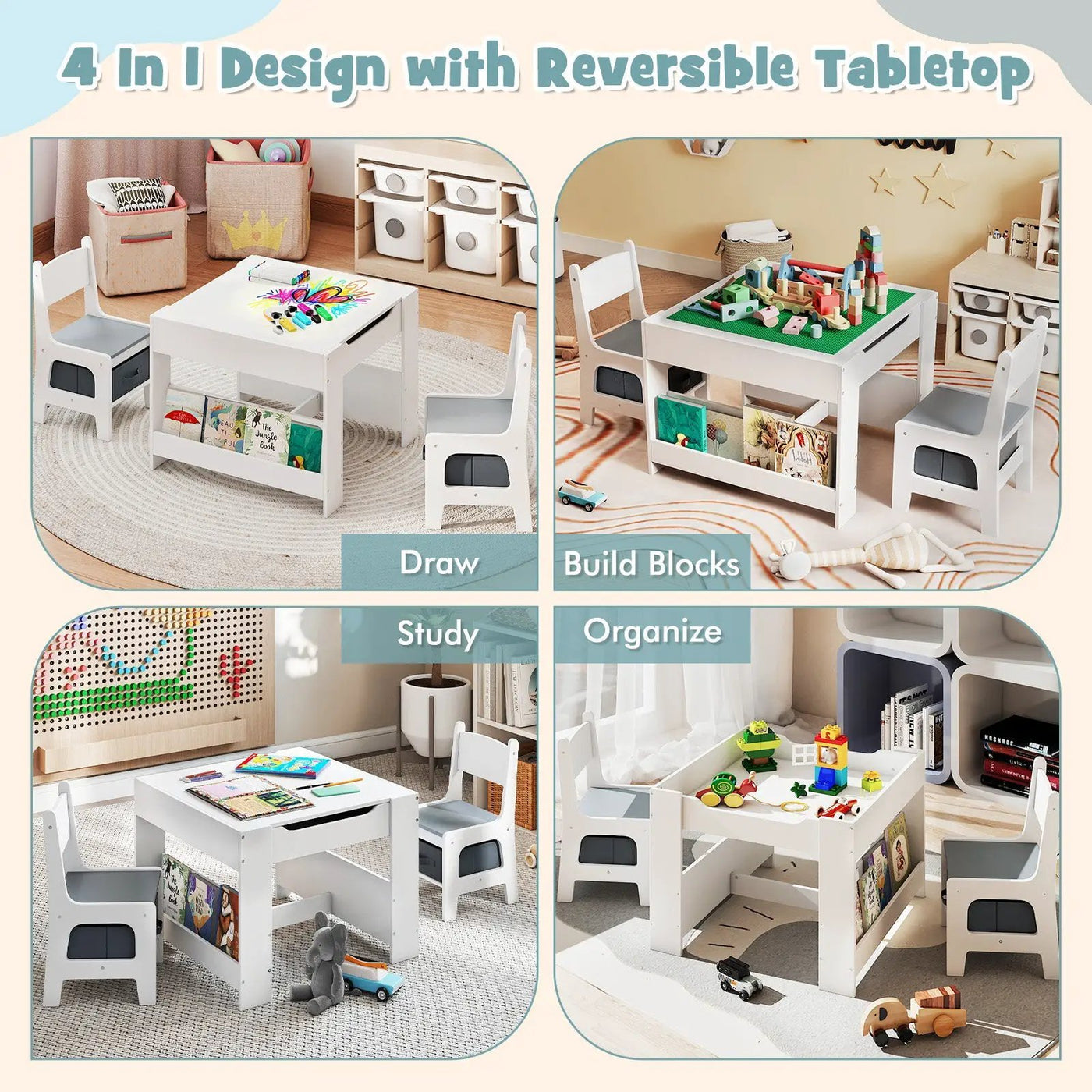 4 in 1 Kids Table and Chair Set with Reversible Graffiti and Building Blocks Tabletop by DirectDeals