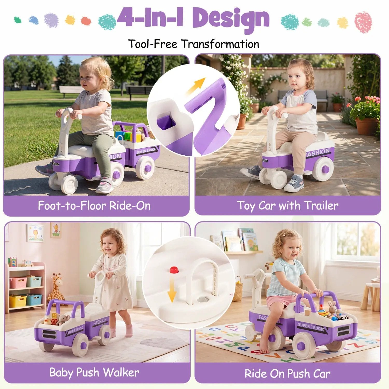 4-in-1 Ride On Push Car with Music and Storage by DirectDeals