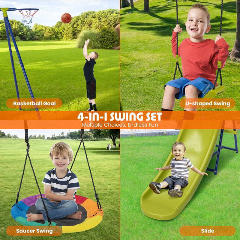 4-in-1 Heavy-Duty Metal Playset with Slide and Basketball Hoop by DirectDeals