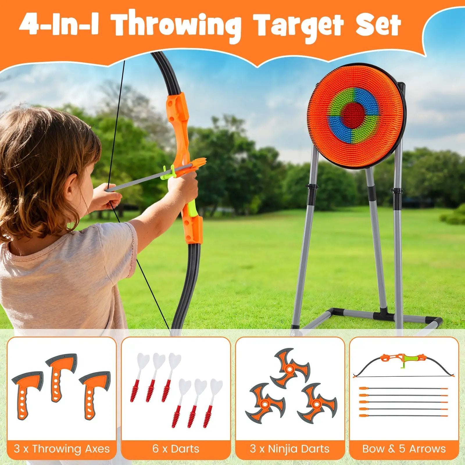 4 in 1 Throwing Target Set Kids Throwing Game with Bristle Target and 3 Throwing axes by DirectDeals