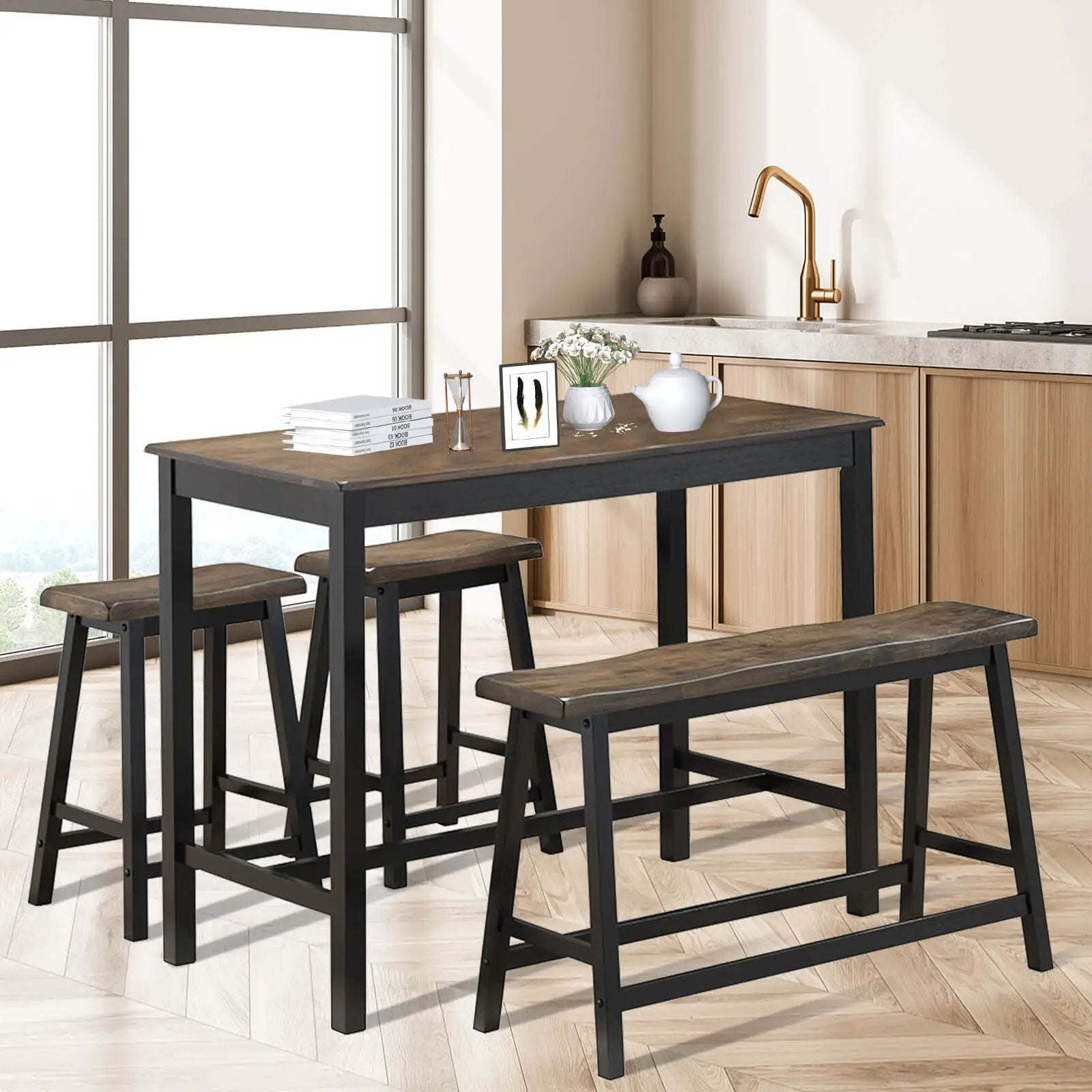 4 Piece Solid Wood Counter Height Dining Table Set-Coffee by DirectDeals