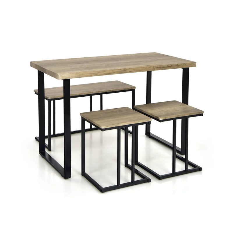 4 Pieces Industrial Dinette Set with Bench and 2 Stools-Oak by DirectDeals