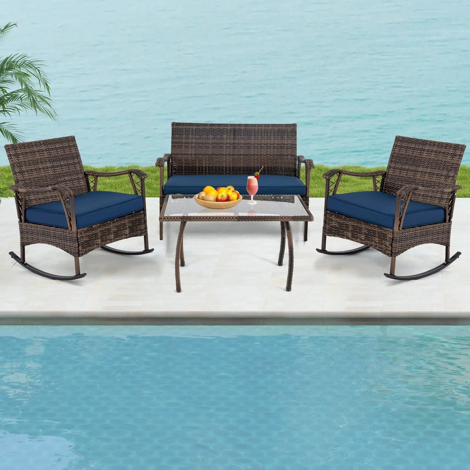 4 Pieces Wicker Rocking Set with Bungee Rope Seat for Porch Yard-Navy by DirectDeals