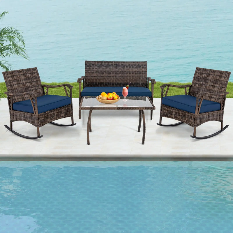 4 Pieces Wicker Rocking Set with Bungee Rope Seat for Porch Yard-Navy by DirectDeals