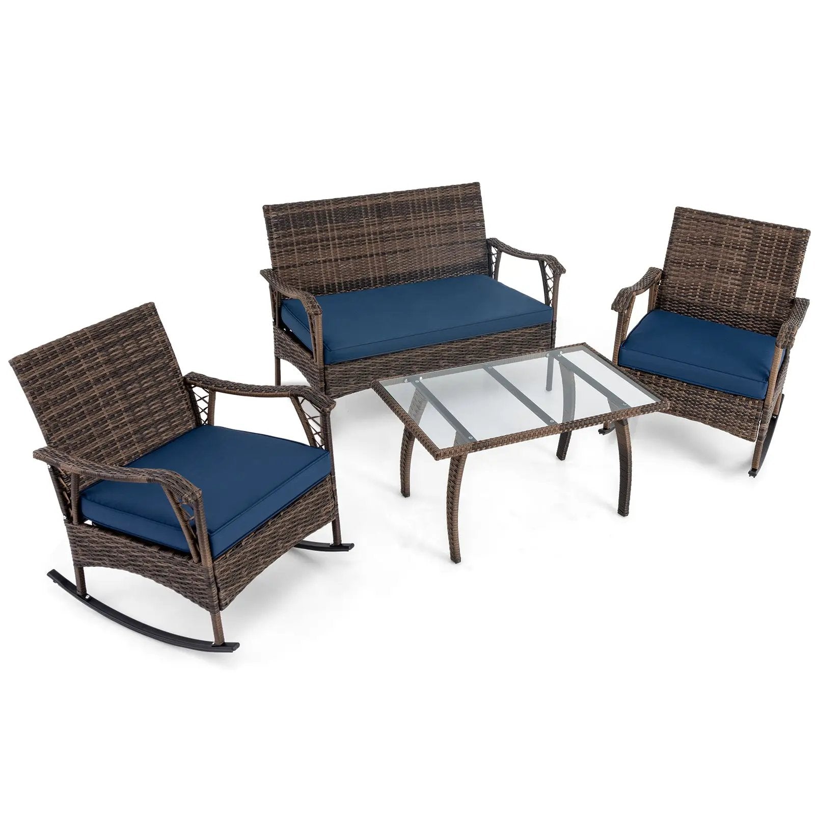 4 Pieces Wicker Rocking Set with Bungee Rope Seat for Porch Yard-Navy by DirectDeals