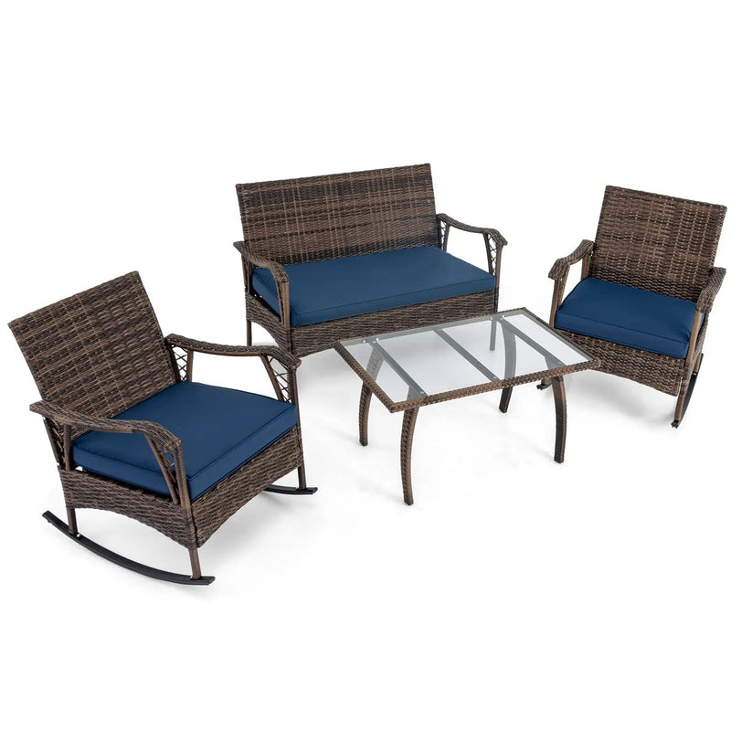 4 Pieces Wicker Rocking Set with Bungee Rope Seat for Porch Yard-Navy by DirectDeals