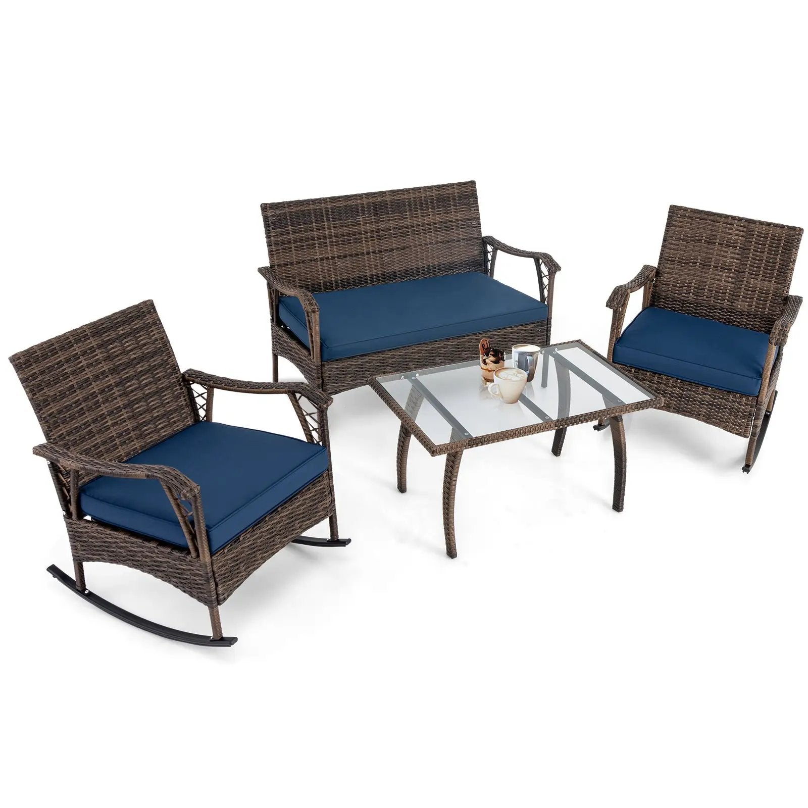 4 Pieces Wicker Rocking Set with Bungee Rope Seat for Porch Yard-Navy by DirectDeals