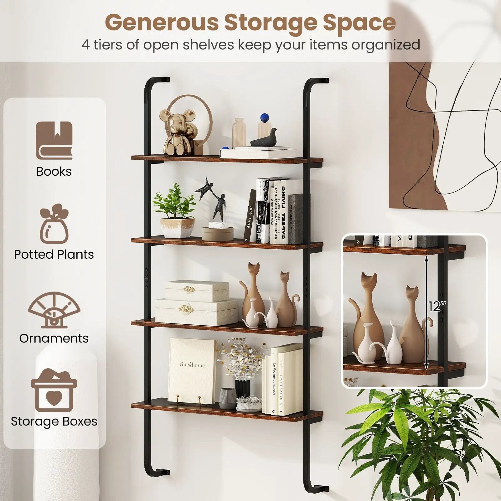 4-Tier Industrial Pipe Shelving with Metal Frame for Living Room Kitchen by DirectDeals