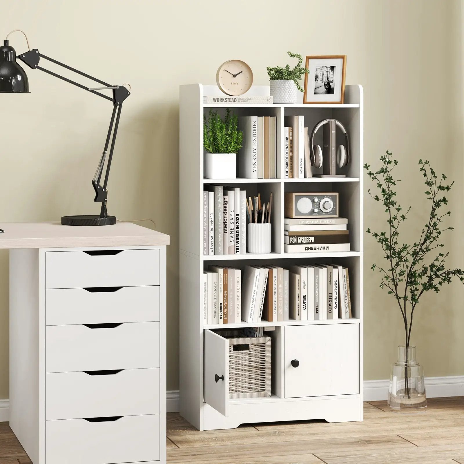 4 Tiers Bookshelf with 4 Cubes Display Shelf and 2 Doors by DirectDeals