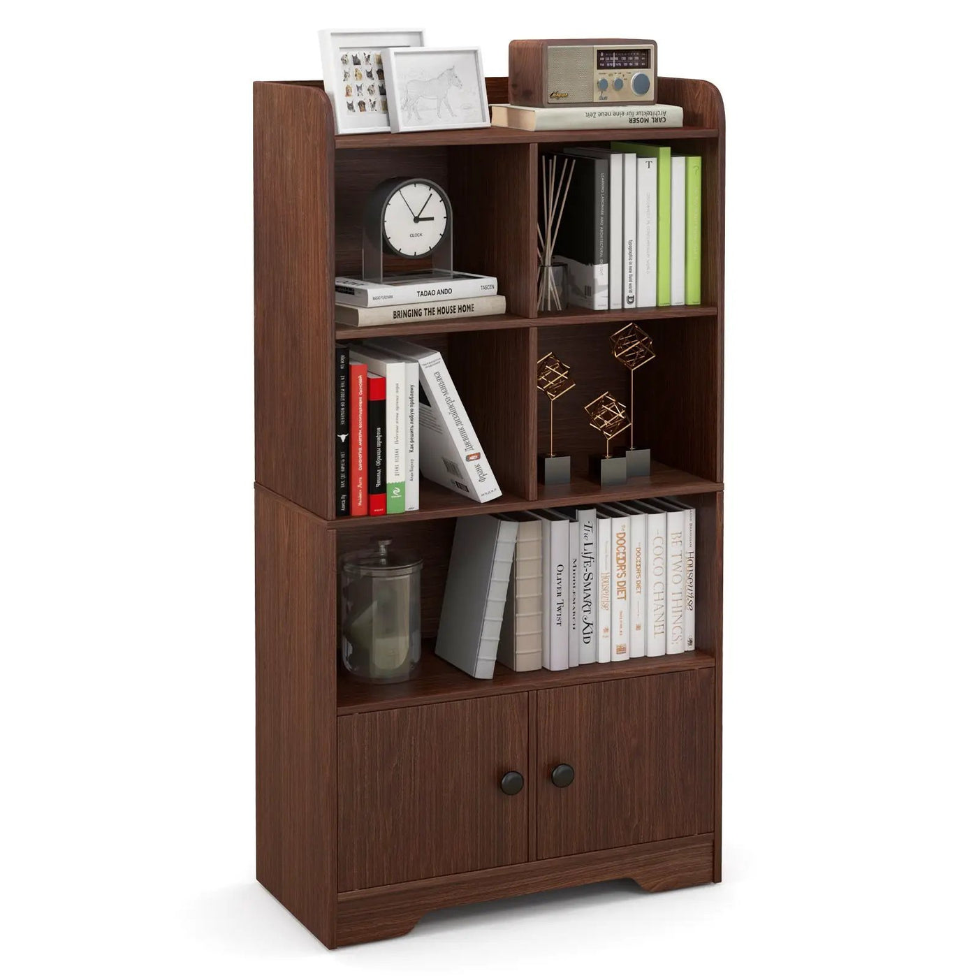4 Tiers Bookshelf with 4 Cubes Display Shelf and 2 Doors by DirectDeals