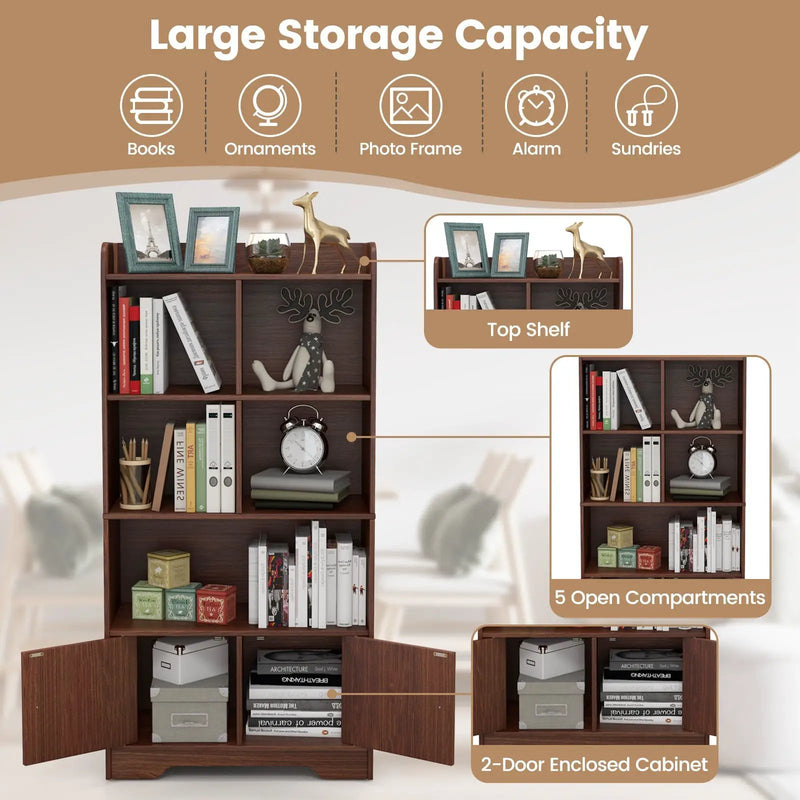 4 Tiers Bookshelf with 4 Cubes Display Shelf and 2 Doors by DirectDeals