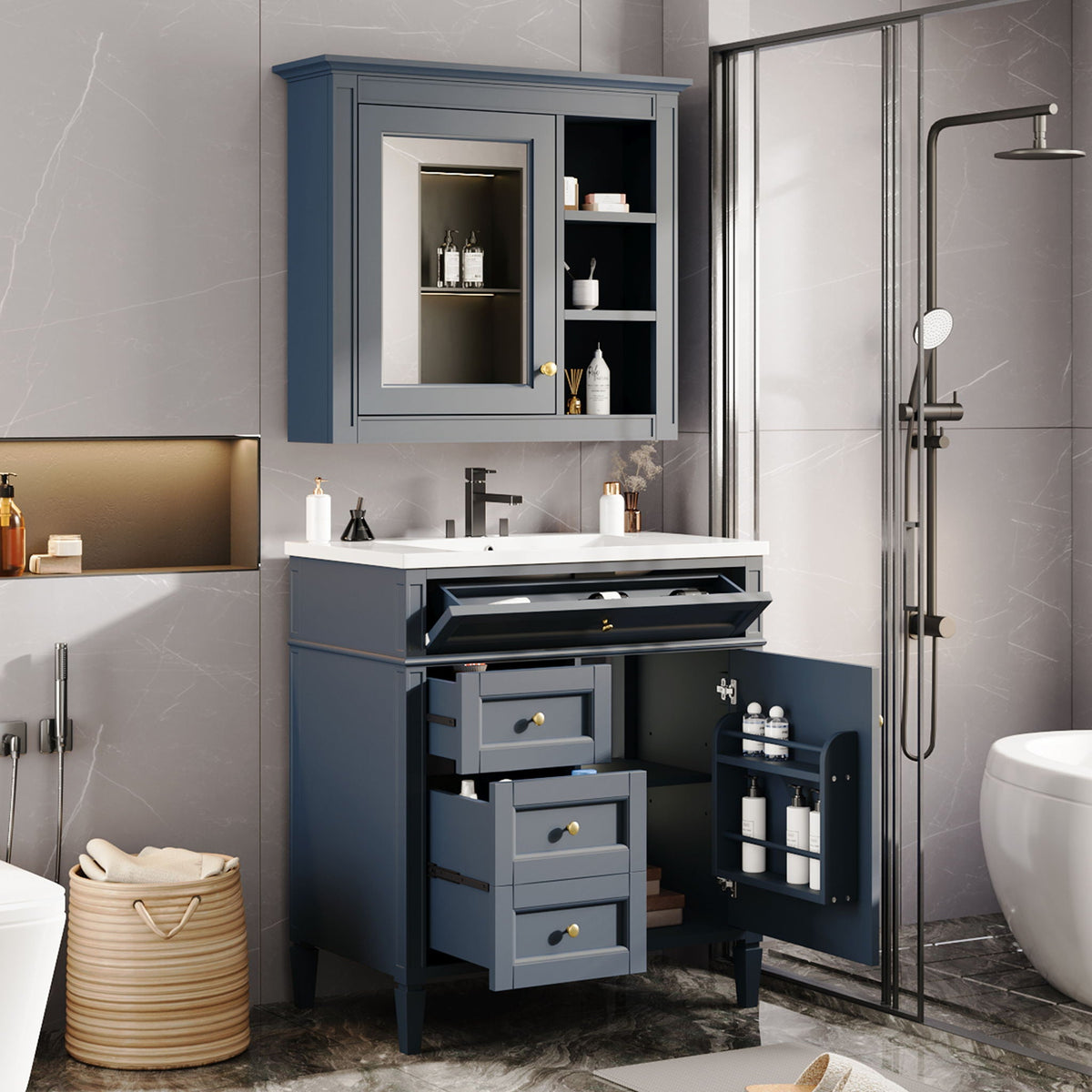 Bathroom Vanity With Medicine Cabinet, Royal Mirror Cabinet, Modern Bathroom Storage Cabinet With 2 Soft Closing Doors And 4 Drawers, photo 23 of 40