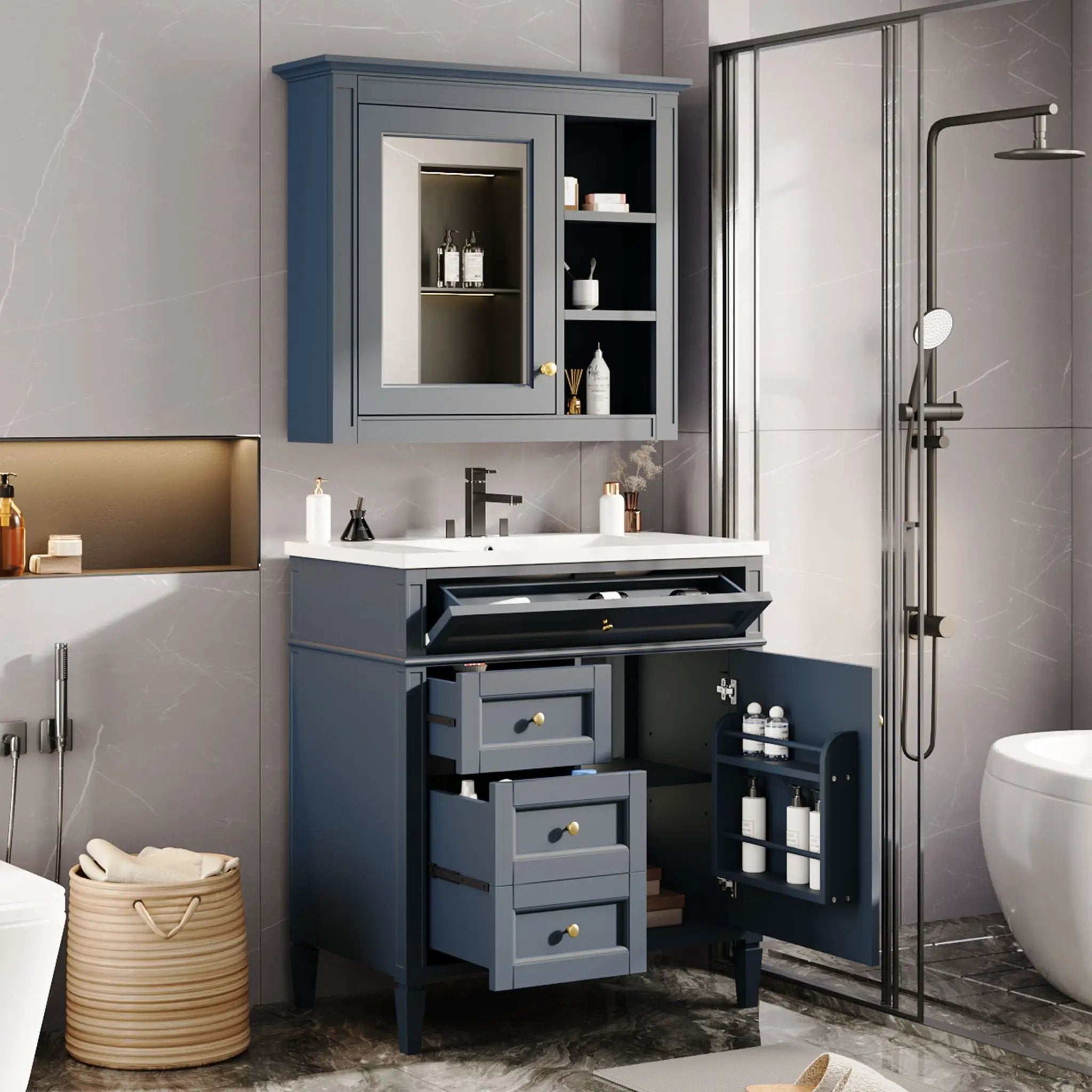 Bathroom Vanity With Medicine Cabinet, Royal Mirror Cabinet, Modern Bathroom Storage Cabinet With 2 Soft Closing Doors And 4 Drawers by HouseOfZazla