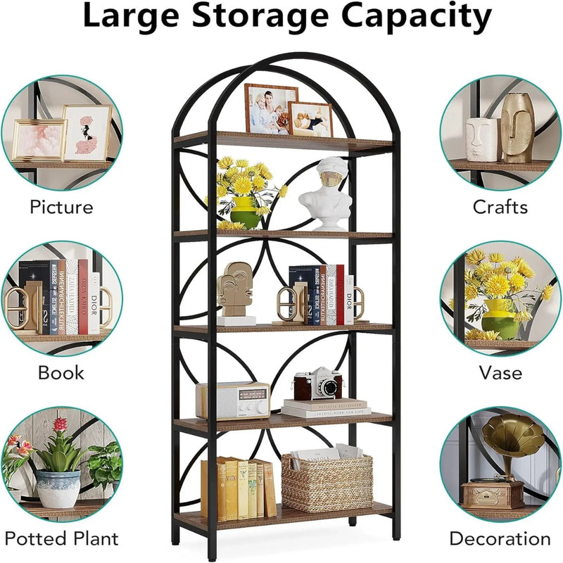Tall 5 Tier Arched Bookshelf With Shelves For Living Room - Rustic Brown by HouseOfZazla