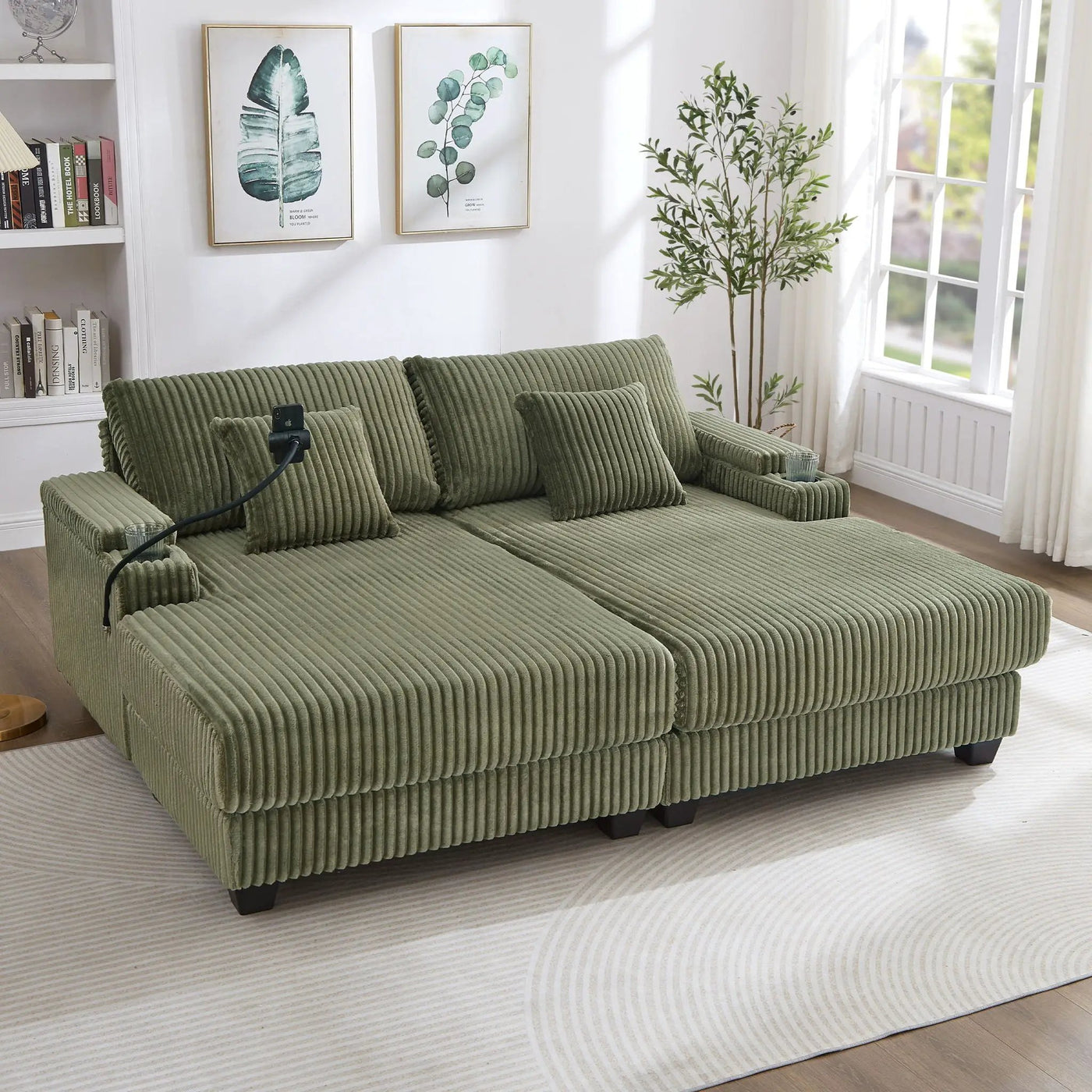 Modern Chaise Sofa With Adjustable Backrest, Cup Holders, Phone Holder & Storage Compartments For Living Room by Unique Piece Furniture