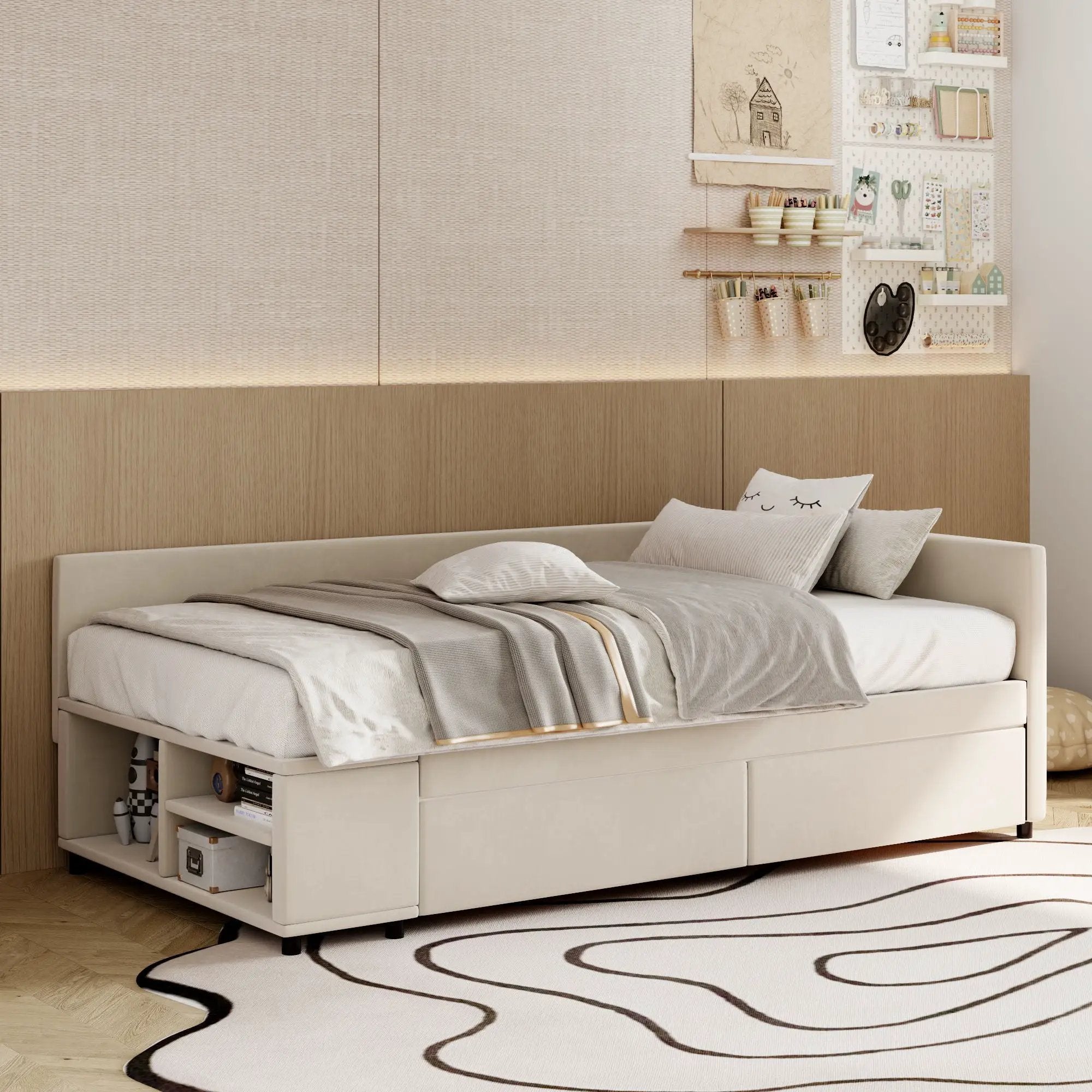L Shaped Upholstered Platform Bed With Storage And Drawers by HouseOfZazla