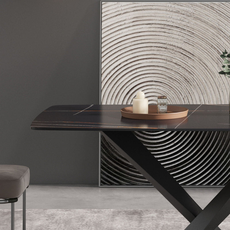 63" Artificial Stone Black Curved Black Metal Leg Dining Table - Black by HouseOfZazla