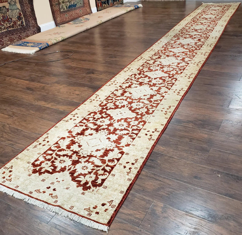 21 ft Runner Rug Long Hallway Runner, 3 x 21 Corridor Rug, Peshawar Pak Persian Chobi Agra Rug, Maroon and Beige Large Flowers Wool Handmade by Jewel Rugs