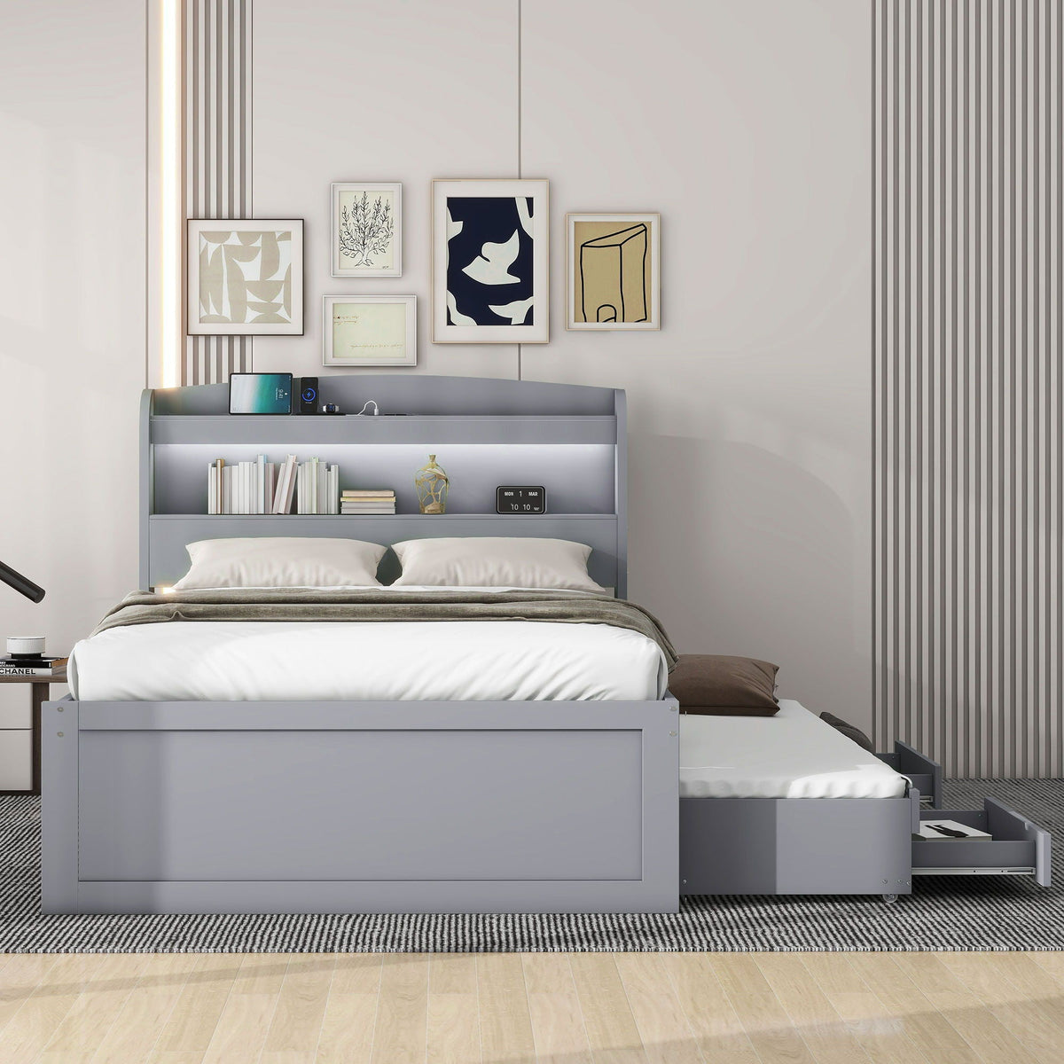 Platform Bed With LED Headboard, Charging Station, Trundle And 2 Drawers, photo 6 of 14