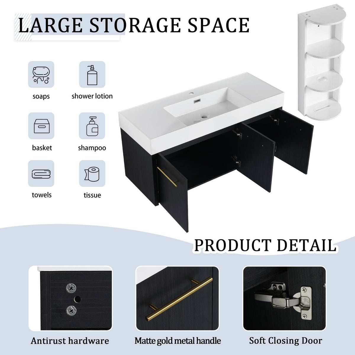 Modern Wall Mounted Bathroom Vanity With Thick Edge Resin Sink And Storage Rack, photo 9 of 21